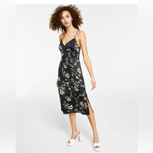 Hippie Rose | Black Satin Floral Slitted Spaghetti Strap V Neck Midi Dress